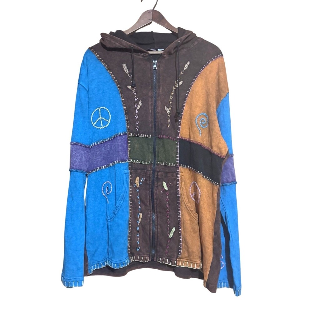 KPC Hoodie Jacket Patchwork Full Zip XXXL Embroidery Brown Blue Peace Boho Yogi